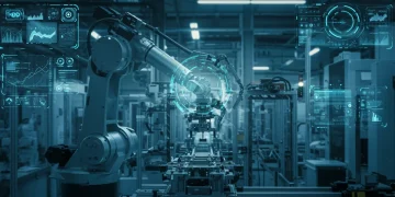 Advanced robotic arm utilizing reinforcement learning in a futuristic industrial automation setting.