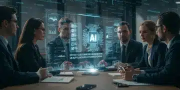 Business professionals analyzing AI compliance frameworks in a meeting