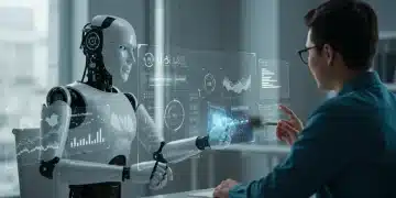 AI robot and human collaborating on content generation for U.S. market