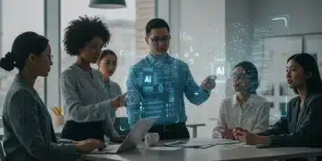 Diverse team collaborating on ethical AI guidelines in a futuristic office