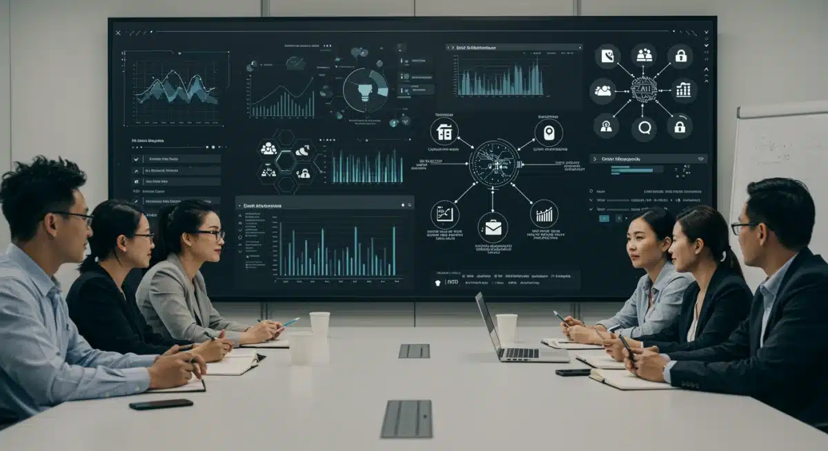 Diverse professionals collaborating on ethical AI frameworks and data visualizations in a modern conference room.