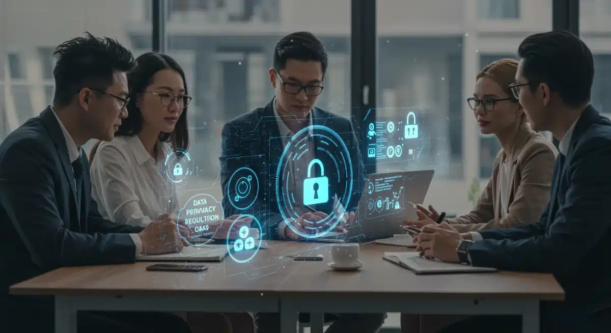 Professionals discussing data privacy regulations and AI ethics in a collaborative office environment.