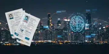 Futuristic digital cityscape with legal documents and AI brain, representing 2026 AI compliance and data privacy regulations in the US.