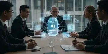Business leaders strategizing AI compliance with holographic regulations