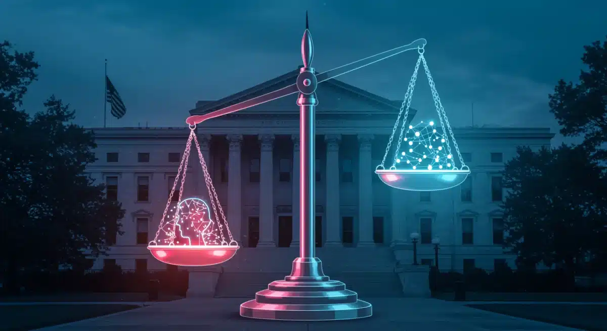 Legal scales balancing data privacy, algorithmic fairness, and accountability in AI, set against a courthouse backdrop.