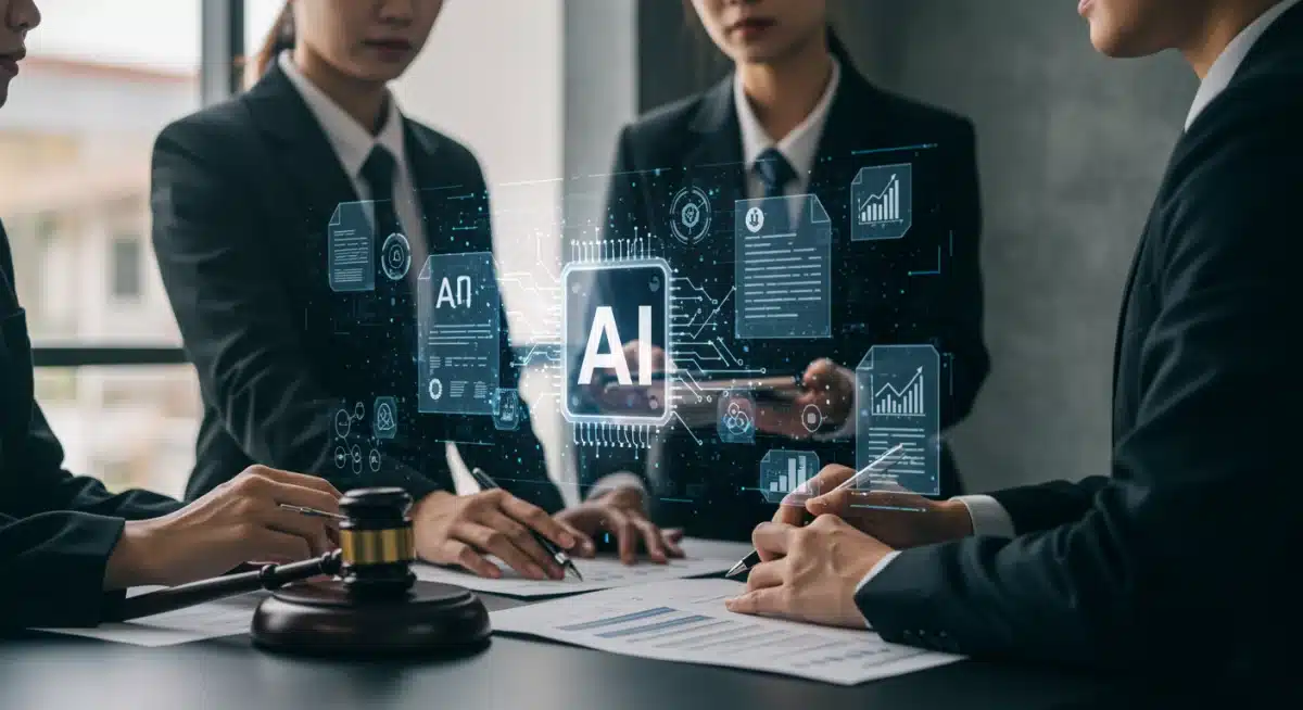 Professionals collaborating on holographic AI policy documents, highlighting cross-functional governance.