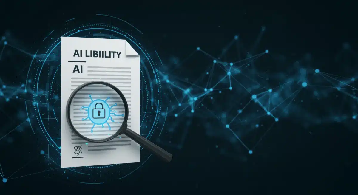 Magnifying glass examining AI liability clauses in legal document