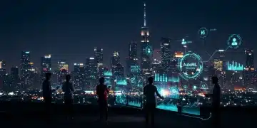 Futuristic cityscape with data visualizations representing AutoML acceleration for US startups in 2026