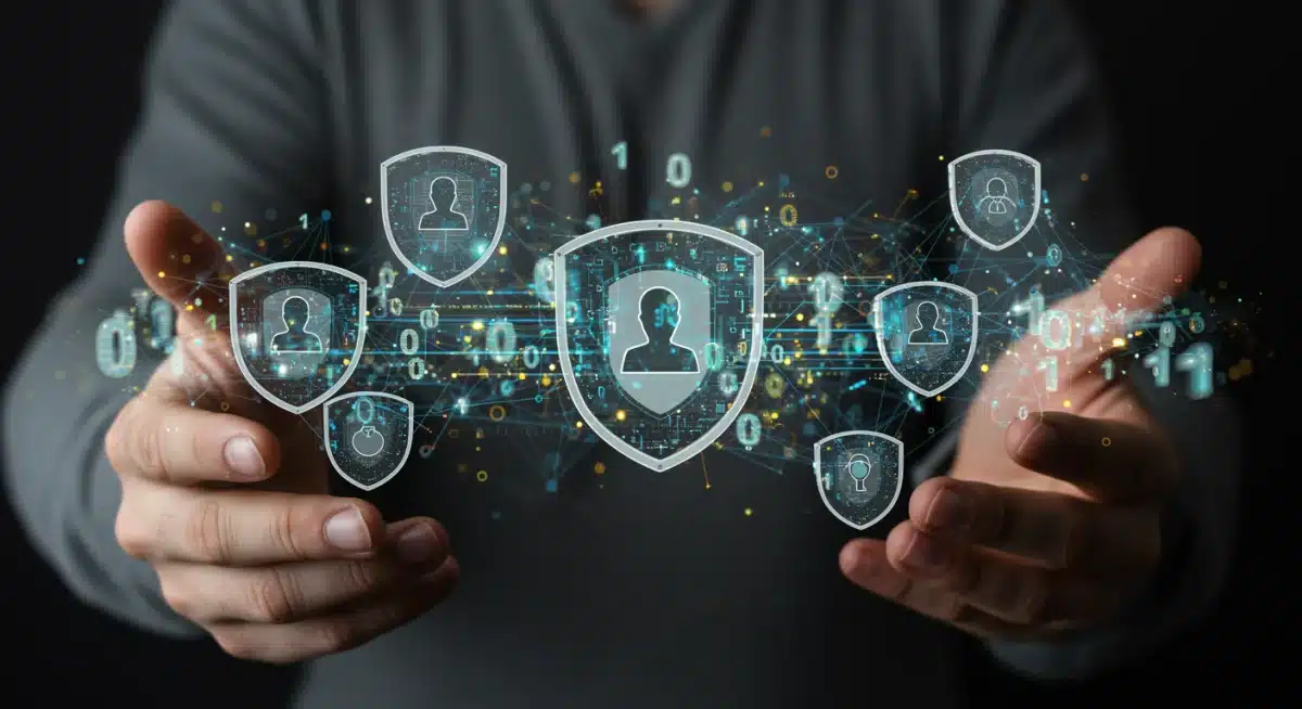 Abstract digital shields protecting personal data within an AI network.