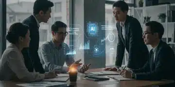 Professionals discussing ethical AI development and legal compliance to reduce litigation risk in a modern office.