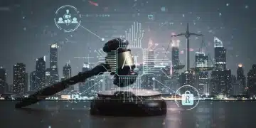 Futuristic cityscape with digital lines and legal symbols representing AI regulations.
