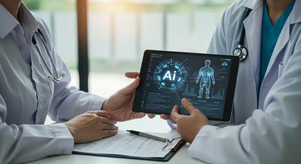 Doctor and patient reviewing AI-assisted diagnostic results, showing trust and human oversight.