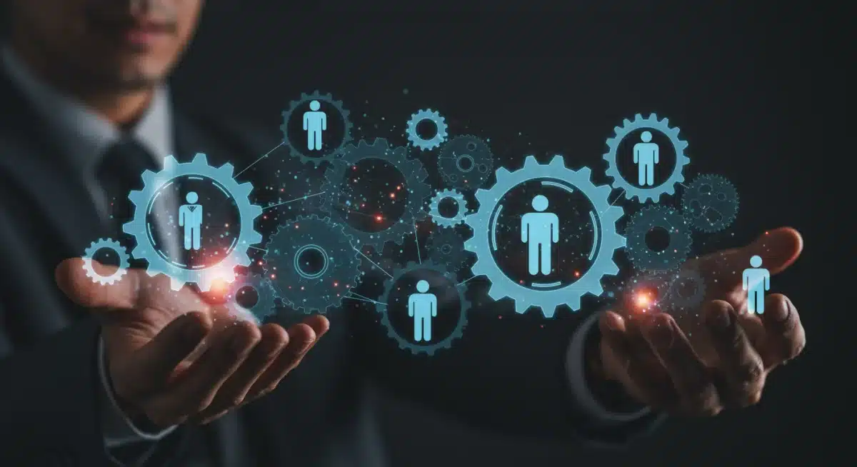 Symbolic representation of AI and human collaboration in the future workforce, showing gears and human figures.