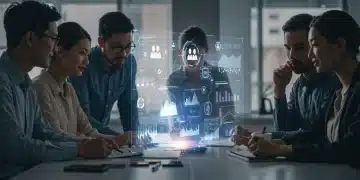Professionals analyzing AI recruitment data on a holographic screen in a modern office, symbolizing fair hiring.