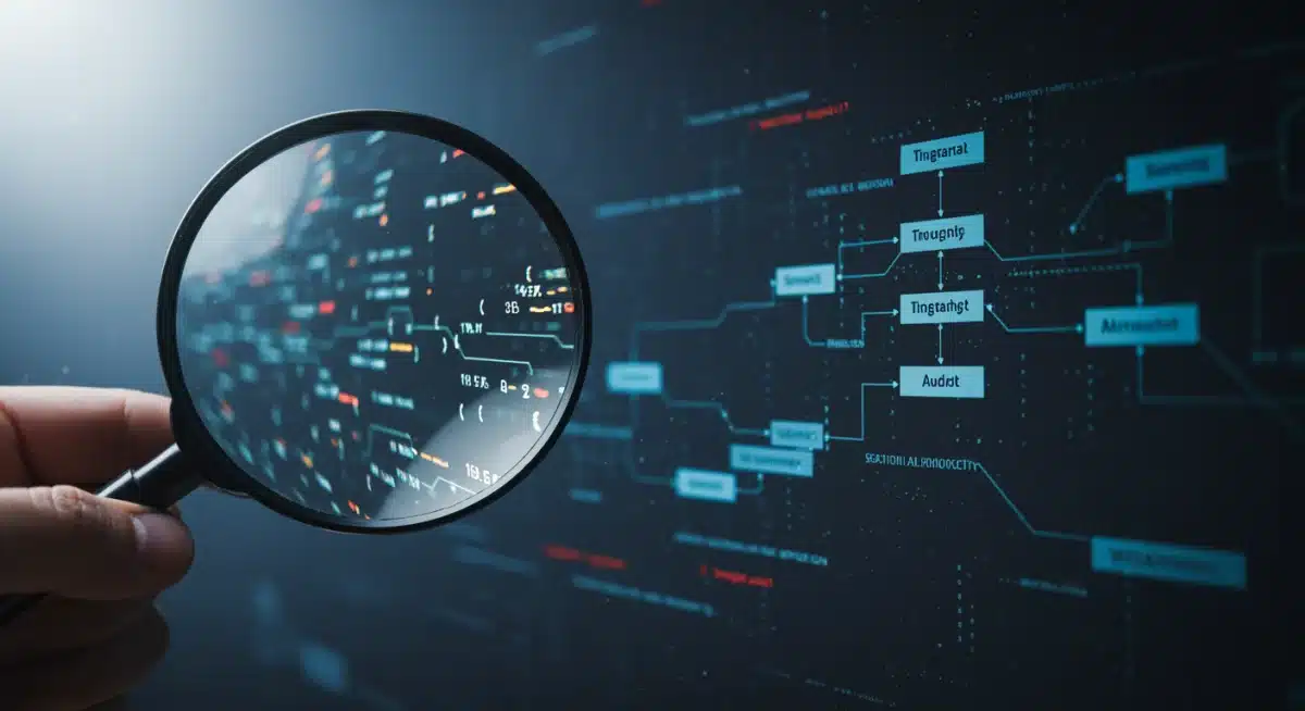 Magnifying glass over code and flowchart, symbolizing algorithmic transparency and continuous auditing.