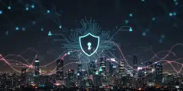 Cybersecurity shield protecting a machine learning pipeline in a futuristic digital environment.