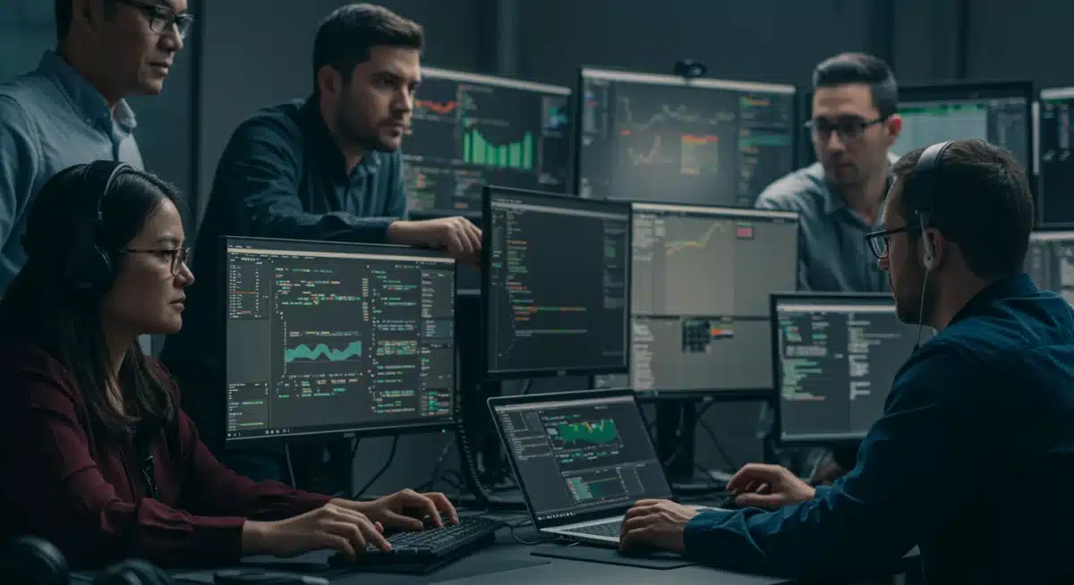 Cybersecurity team collaborating on threat detection in an AI system.