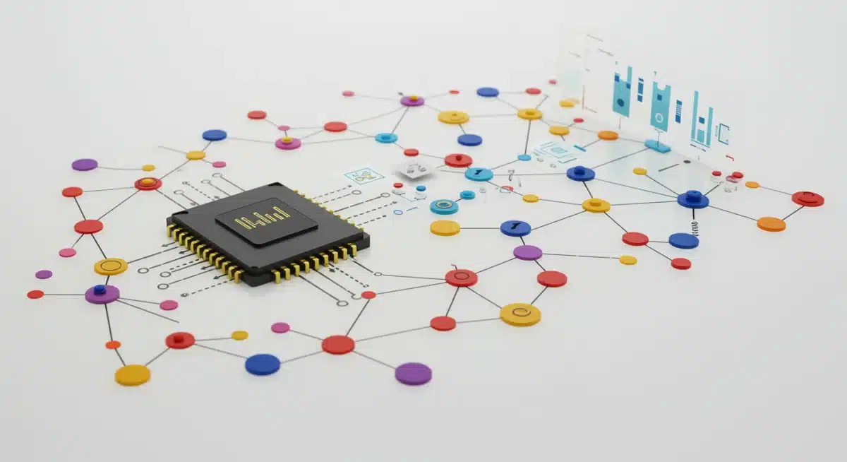 Diverse data points flowing into a central processing unit, representing data diversification for AI.