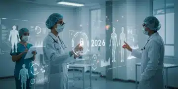 Doctors and AI collaborating on patient data in a futuristic healthcare setting, emphasizing ethical AI.