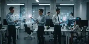 Professionals collaborating in a modern office, using AI tools and holographic displays, representing the future of work.