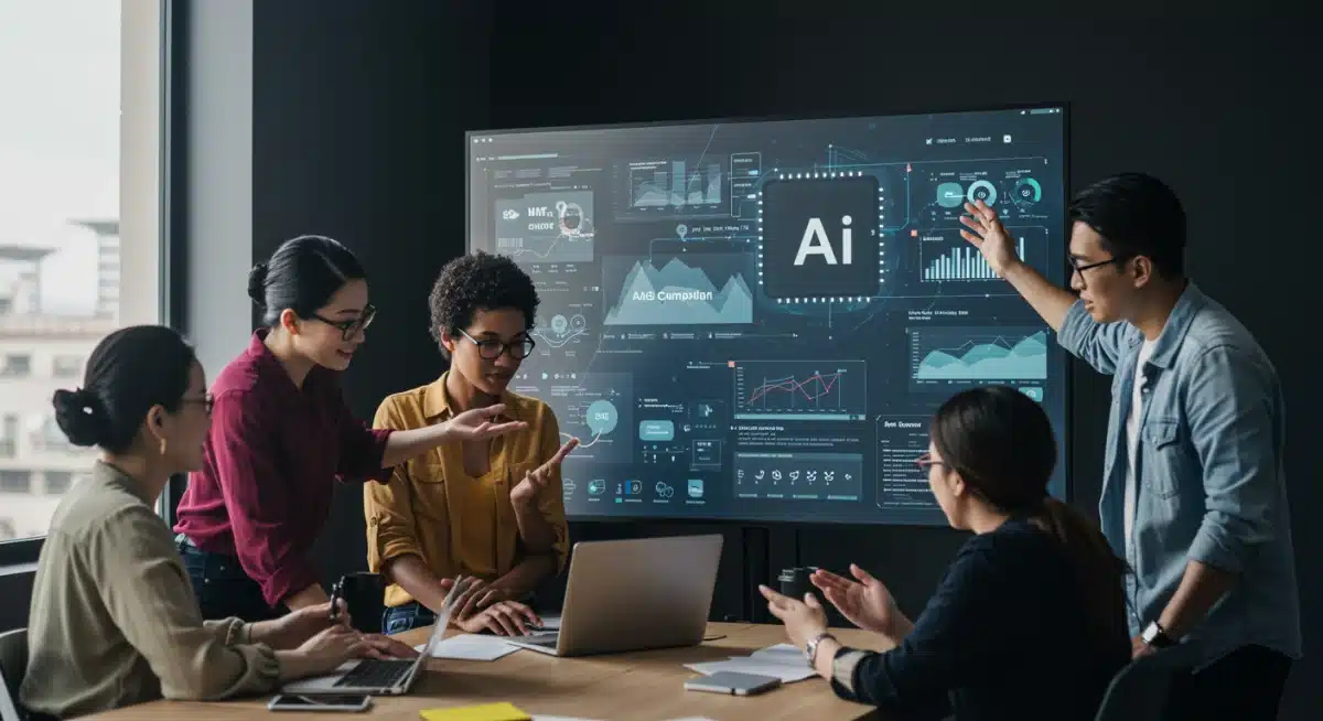 Marketing team collaborating with AI insights for strategic ad campaign planning and optimization.