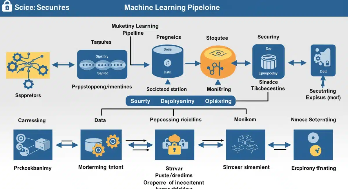 Diagram showing secure stages of a machine learning pipeline with lock icons.