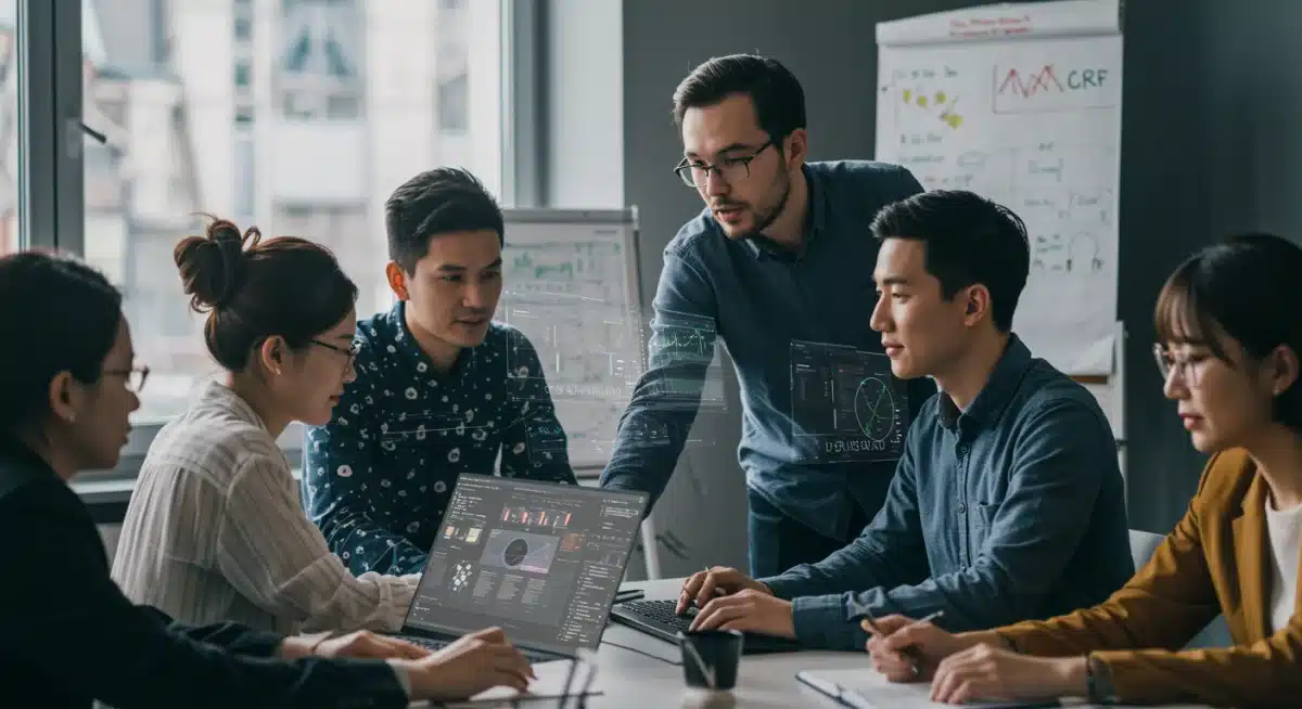 Diverse group of employees learning new digital skills and AI concepts in a modern training environment.