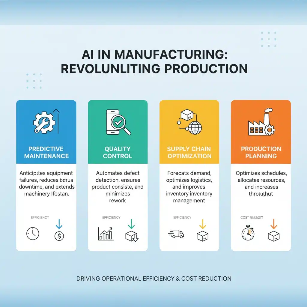 Infographic detailing AI applications in manufacturing, including predictive maintenance, quality control, and supply chain optimization, with clear icons and data points.