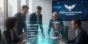 Professionals analyzing a holographic display of AI ethics and risk management principles for U.S. organizations.