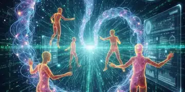 AI and human collaboration in a futuristic workplace, ethical considerations