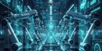 Futuristic manufacturing plant with AI-powered robots and data displays, illustrating advanced automation and efficiency in U.S. industry.
