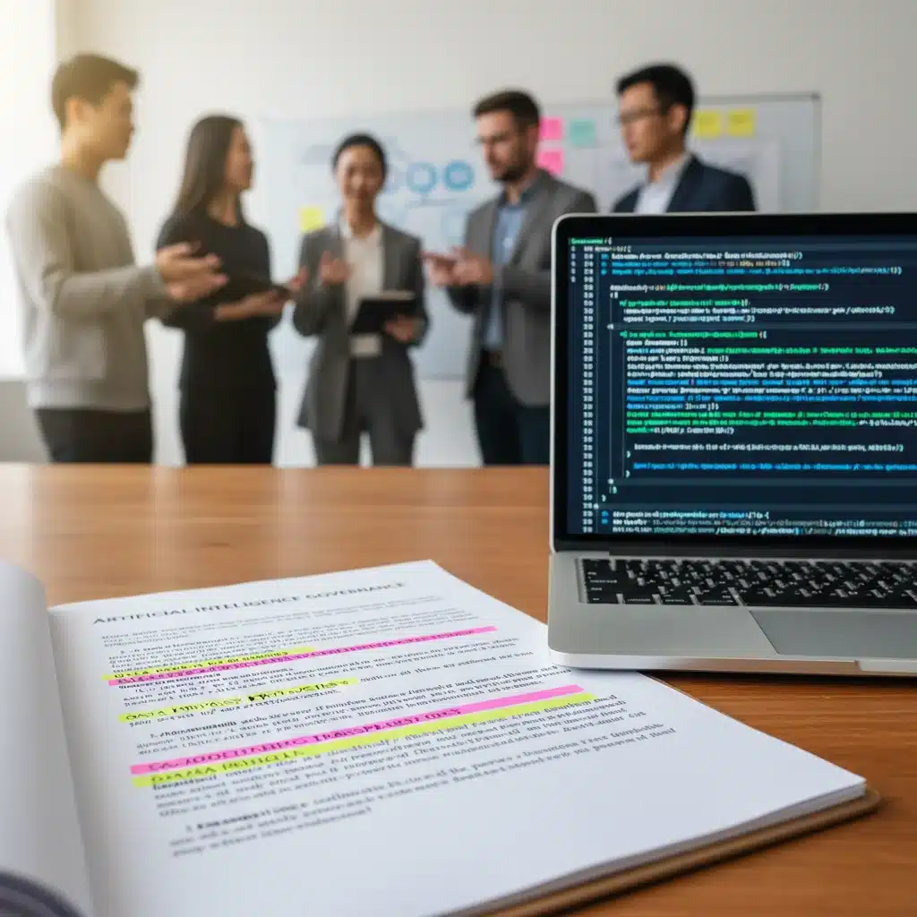 Developers discussing AI policy and legal documents for compliance in machine learning.