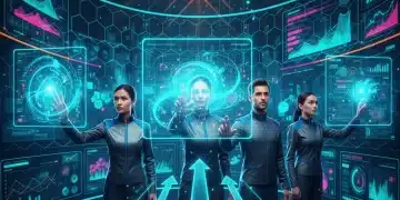 Futuristic sales team using AI interfaces for lead generation and sales growth