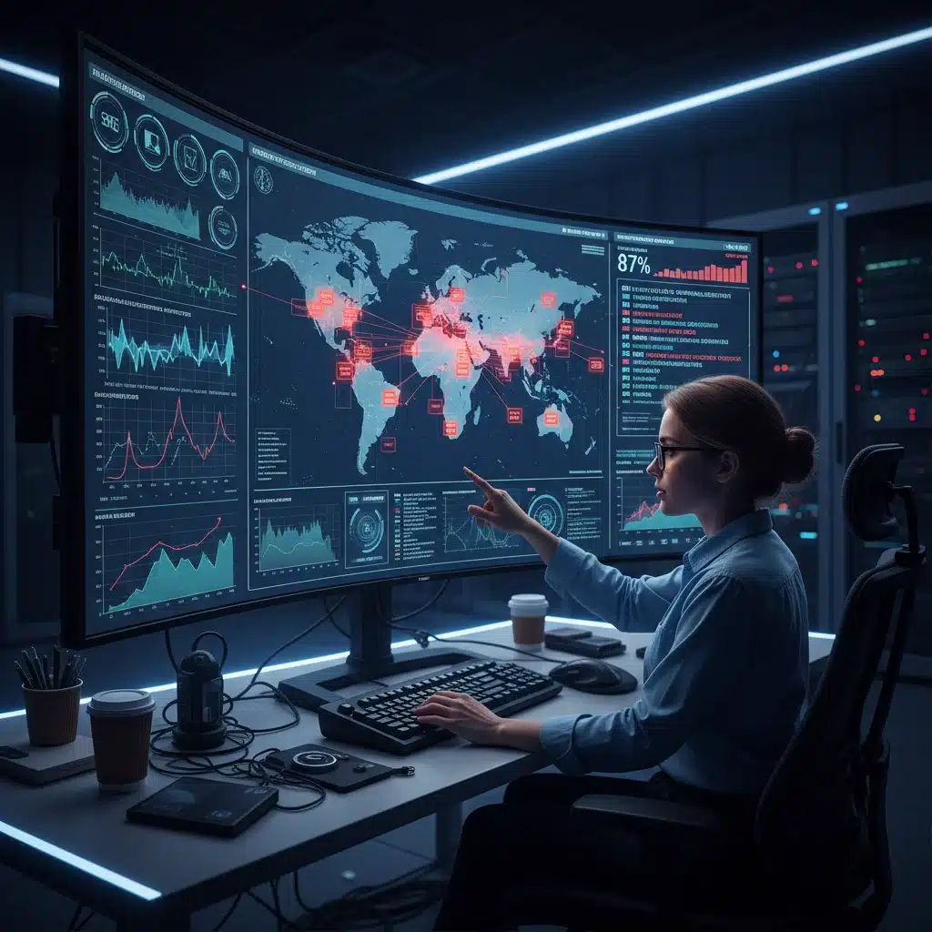 Cybersecurity analyst monitoring AI-driven threat intelligence dashboard