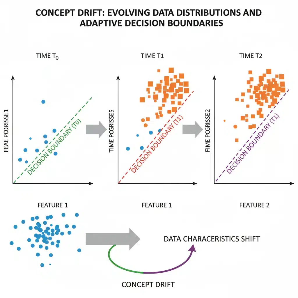Diagram illustrating concept drift in machine learning models over time with shifting decision boundaries.