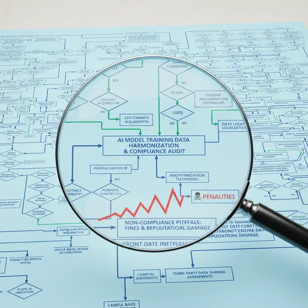 Magnifying glass examining a flowchart of data privacy regulations for AI model training.
