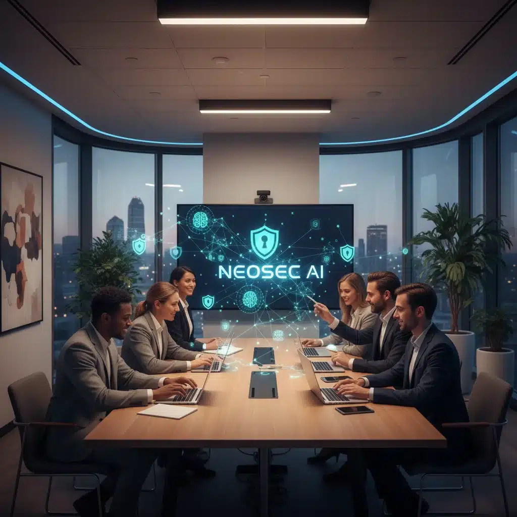 Business professionals collaborating with integrated AI security solutions