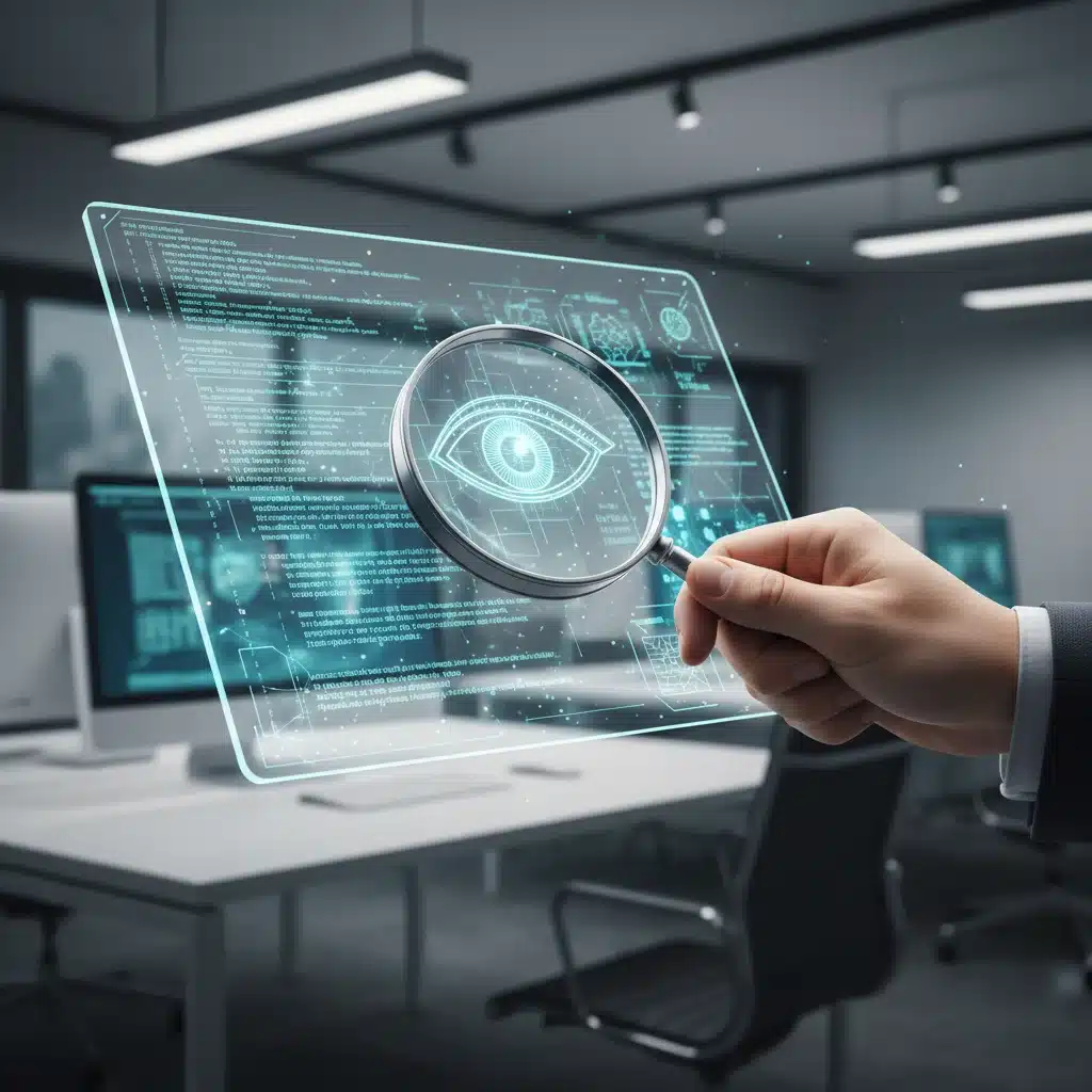 Hand with magnifying glass examining AI code and data, representing ethical oversight and understanding.