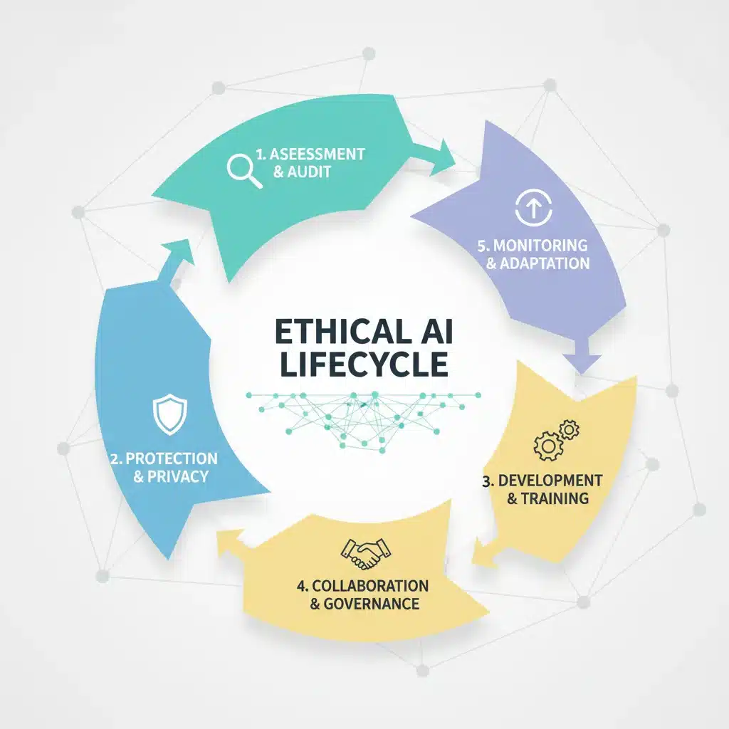 Infographic depicting a 5-step continuous process for ethical AI development and oversight.
