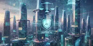 Digital cityscape with glowing neural network lines representing generative AI regulations in the US for 2026.