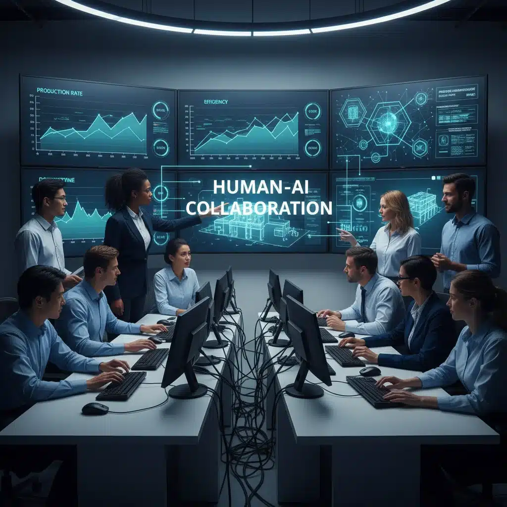 Engineers and technicians collaborating in a control room, analyzing real-time manufacturing data and AI insights on multiple screens.