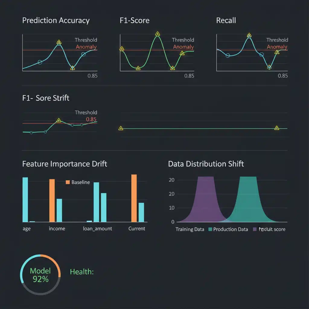 Real-time machine learning model monitoring dashboard displaying performance metrics, drift alerts, and data distribution.