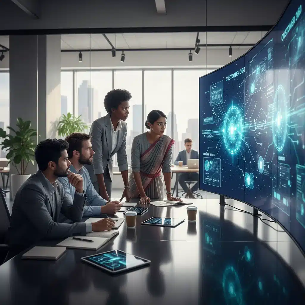 Business team collaborating with AI-powered CRM data visualization