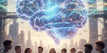 Transparent AI brain with data streams and diverse people, symbolizing trust and clarity in artificial intelligence.