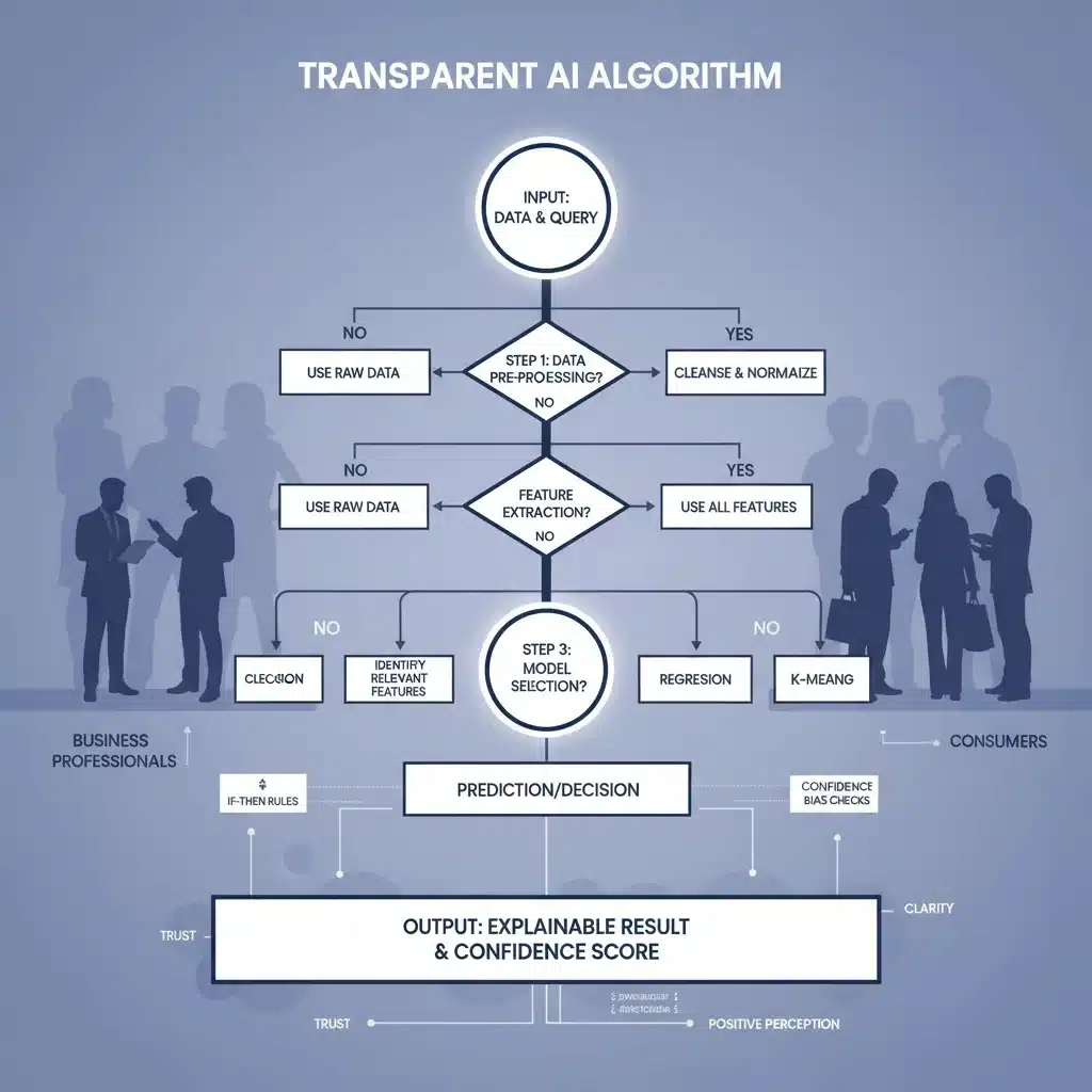 Visual representation of transparent AI decision-making process with clear labels and business figures.