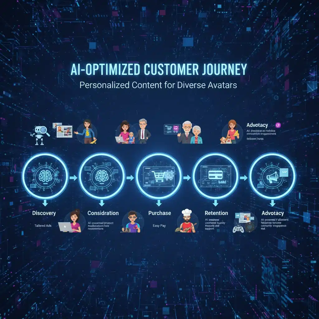 AI optimizing customer journey with personalized content delivery at various touchpoints.