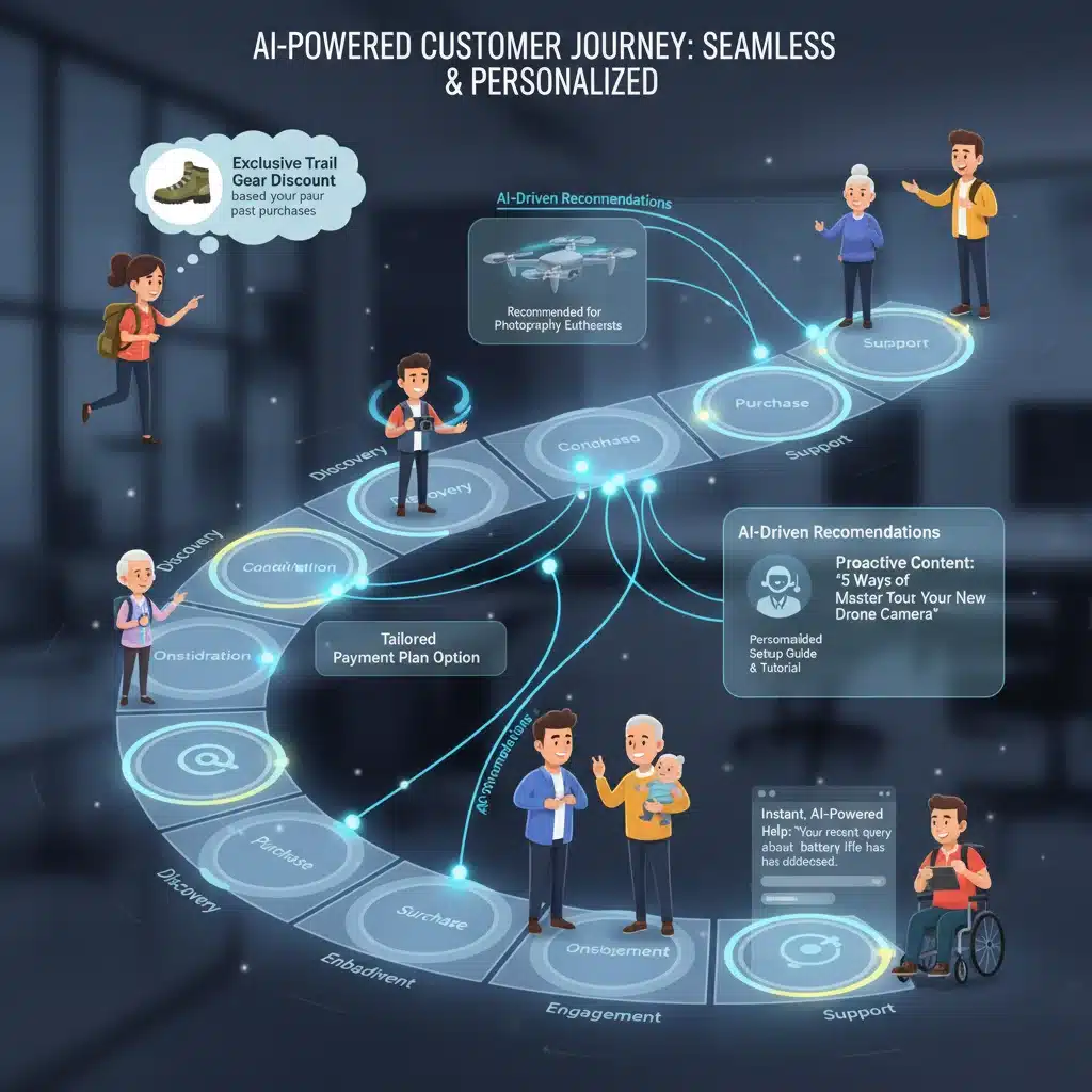 Customer journey map enhanced by AI personalization, showing tailored offers and support at various touchpoints.
