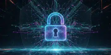 AI neural network protecting digital data with a padlock icon, symbolizing advanced cybersecurity.