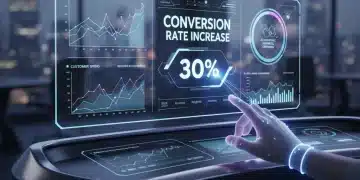 Futuristic marketing dashboard showcasing AI-driven personalization and a 30% conversion rate increase.