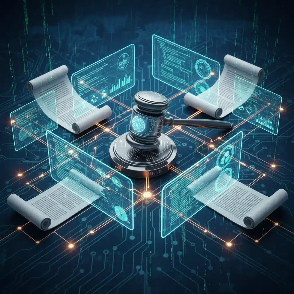 Complex legal documents and code symbolizing AI policy development